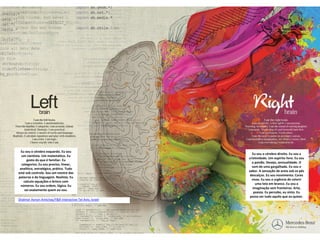 Eu sou o cérebro esquerdo. Eu sou
                                                           Eu sou o cérebro direito. Eu sou a
  um cientista. Um matemático. Eu
                                                         criatividade. Um espírito livre. Eu sou
      gosto do que é familiar. Eu
                                                           a paixão. Desejo, sensualidade. O
  categorizo. Eu sou preciso, linear,
                                                           som de uma gargalhada. Eu sou o
 analítico, estratégico, prático. Tudo
                                                         sabor. A sensação de areia sob os pés
está sob controle. Sou um mestre das
                                                          descalços. Eu sou movimento. Cores
palavras e da linguagem. Realista. Eu
                                                           vivas. Eu sou a urgência de colorir
    calculo equações e brinco com
                                                              uma tela em branco. Eu sou a
 números. Eu sou ordem, lógica. Eu
                                                            imaginação sem fronteiras. Arte,
     sei exatamente quem eu sou.
                                                             poesia. Eu percebo, eu sinto. Eu
                                                          posso ser tudo aquilo que eu quiser.
Shalmor Avnon Amichay/Y&R Interactive Tel Aviv, Israel
 