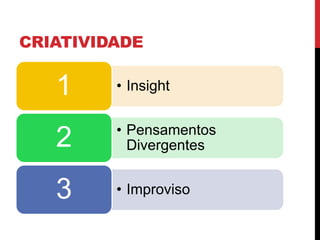 CRIATIVIDADE
• Insight1
• Pensamentos
Divergentes2
• Improviso3
 