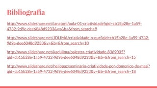 Bibliografia
http://www.slideshare.net/ianatoni/aula-01-criatividade?qid=cb15b28e-1a59-
4732-9d9e-dee6048d9233&v=&b=&from_search=9
http://www.slideshare.net/JDLIMA/criatividade-o-que?qid=cb15b28e-1a59-4732-
9d9e-dee6048d9233&v=&b=&from_search=10
http://www.slideshare.net/kadulima/palestra-criatividade-8369035?
qid=cb15b28e-1a59-4732-9d9e-dee6048d9233&v=&b=&from_search=15
http://www.slideshare.net/heliopaz/seminario-criatividade-por-domenico-de-masi?
qid=cb15b28e-1a59-4732-9d9e-dee6048d9233&v=&b=&from_search=18
 