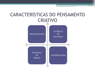 "criatividade representa a emergência de algo único e original" (Anderson, 1965)criatividade é o processo de tornar-se sensível a problemas, deficiências, lacunas no conhecimento, desarmonia; identificar a dificuldade, buscar soluções, formulando hipóteses a respeito das deficiências; testar e retestar estas hipóteses; e, finalmente, comunicar os resultados" (Torrance, 1965)