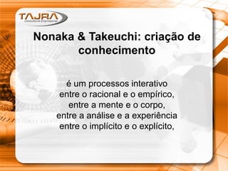 Sanmya F. Tajra
Nonaka & Takeuchi: criação de conhecimento
é um processos interativo
entre o racional e o empírico,
entre a mente e o corpo,
entre a análise e a experiência
entre o implícito e o explícito,
Nonaka & Takeuchi: criação de
conhecimento
é um processos interativo
entre o racional e o empírico,
entre a mente e o corpo,
entre a análise e a experiência
entre o implícito e o explícito,
 