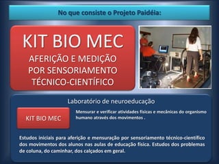 No que consiste o Projeto Paidéia:



 KIT BIO MEC
   AFERIÇÃO E MEDIÇÃO
   POR SENSORIAMENTO
    TÉCNICO-CIENTÍFICO
                    Laboratório de neuroeducação
                        Mensurar e verificar atividades físicas e mecânicas do organismo
  KIT BIO MEC           humano através dos movimentos .



Estudos iniciais para aferição e mensuração por sensoriamento técnico-científico
dos movimentos dos alunos nas aulas de educação física. Estudos dos problemas
de coluna, do caminhar, dos calçados em geral.
 