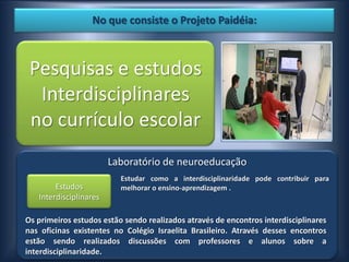 No que consiste o Projeto Paidéia:



 Pesquisas e estudos
  Interdisciplinares
 no currículo escolar
                        Laboratório de neuroeducação
                          Estudar como a interdisciplinaridade pode contribuir para
        Estudos           melhorar o ensino-aprendizagem .
   Interdisciplinares

Os primeiros estudos estão sendo realizados através de encontros interdisciplinares
nas oficinas existentes no Colégio Israelita Brasileiro. Através desses encontros
estão sendo realizados discussões com professores e alunos sobre a
interdisciplinaridade.
 
