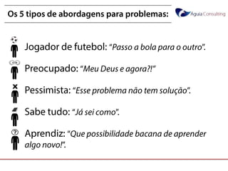 @annakguimarães
Os 5 tipos de abordagens para problemas:
• Jogador de futebol: “Passo a bola para o
outro”.
• Preocupado: “Meu Deus e agora?!”
• Pessimista: “Esse problema não tem solução”.
• Sabe tudo: “Já sei como”.
• Aprendiz: “Que possibilidade bacana de
aprender algo novo!”.
 