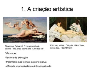 1. A criação artística




Alexandre Cabanel, O nascimento de          Édouard Manet, Olímpia, 1863, óleo
Vénus,1863, óleo sobre tela, 130x225 cm     sobre tela, 130x190 cm

Diferenças:
-Técnica de execução
- tratamento das formas, da cor e da luz
- diferente expressividade e intencionalidade
 