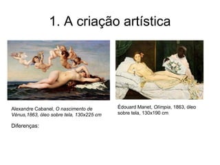 1. A criação artística




Alexandre Cabanel, O nascimento de        Édouard Manet, Olímpia, 1863, óleo
Vénus,1863, óleo sobre tela, 130x225 cm   sobre tela, 130x190 cm

Diferenças:
 