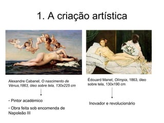 1. A criação artística




Alexandre Cabanel, O nascimento de        Édouard Manet, Olímpia, 1863, óleo
Vénus,1863, óleo sobre tela, 130x225 cm   sobre tela, 130x190 cm



- Pintor académico
                                          Inovador e revolucionário
- Obra feita sob encomenda de
Napoleão III
 