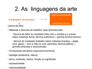 2. As linguagens da arte
                                          Tridmensionalidade

A linguagem da escultura                            +
                                            Incidência da luz
Leitura da obra:
- Materiais e técnicas de trabalho; duas técnicas-base:
    -Técnica do talhe ou cinzelado (feito com o martelo e o conzel
    sobre materiais duros; técnica subtrativa) – grande domínio técnico
    - técnica do modelado (trabalho sobre materiais brandos – argila,
    cera, gesso – com a mão ou com utensílios; técnica aditiva) –
    permite emendas e reconversões
- Composição escultória (repouso/movimento)
- tipologia (estatuária, relevo)
- tema, conteúdo, motivo, função ou significado
- expressividade
- intencionalidade
 