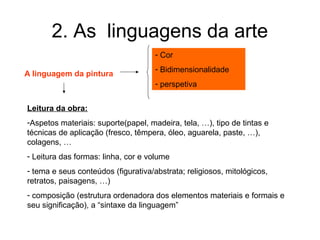 2. As linguagens da arte
                                     - Cor
                                     - Bidimensionalidade
A linguagem da pintura
                                     - perspetiva


Leitura da obra:
-Aspetos materiais: suporte(papel, madeira, tela, …), tipo de tintas e
técnicas de aplicação (fresco, têmpera, óleo, aguarela, paste, …),
colagens, …
- Leitura das formas: linha, cor e volume
- tema e seus conteúdos (figurativa/abstrata; religiosos, mitológicos,
retratos, paisagens, …)
- composição (estrutura ordenadora dos elementos materiais e formais e
seu significação), a “sintaxe da linguagem”
 