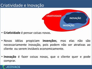 Criatividade e Inovação
• Criatividade é pensar coisas novas.
• Novas idéias propiciam invenções, mas elas não são
necessariamente inovação, pois podem não ser atrativas ao
cliente ou serem inviáveis economicamente.
• Inovação é fazer coisas novas, que o cliente quer e pode
comprar.
CRIATIVIDADE
INVENÇÃO
INOVAÇÃO
 