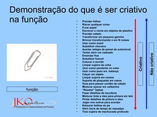 Demonstração do que é ser criativo na função Criativo Não  criativo função Prender folhas Riscar qualquer coisa  Furar papel  Escrever o nome em objetos de plastico Prender cabelo Transformar em pequeno gancho Brincar transformando o em N coisas Usar como anzol Substituir chaveiro Acertar relógio de painel de automóvel Tentar abrir um cadeado Emendar fios Substituir fusível Cutucar o ouvido Limpar sujeira da unha Usar como pendente no colar Usar como peso em  balança Calçar um objeto Limpar sujeira em cantos Suporte de plaquetas em vasos Guia para passar cordão de calção Misturar açúcar em cafezinho “ Resetar” laptop Fazer detalhes de escultura Misturar tinta a oleo para pintura em tela Pintar detalhes de pintura a oleo Jogar nos outros para acordar Estourar bolhas do pe Abrir lacre de tampa de requeijao Tirar sujeira de machucado profundo 