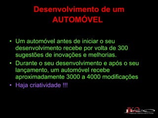 Desenvolvimento de um AUTOMÓVEL   Um automóvel antes de iniciar o seu desenvolvimento recebe por volta de 300 sugestões de inovações e melhorias. Durante o seu desenvolvimento e após o seu lançamento, um automóvel recebe aproximadamente 3000 a 4000 modificações Haja criatividade !!! 