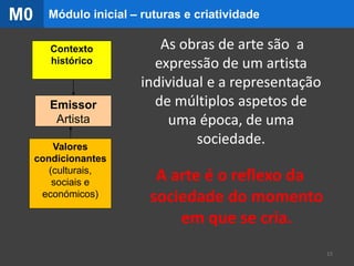 Contexto
histórico
Emissor
Artista
Valores
condicionantes
(culturais,
sociais e
económicos)
As obras de arte são a
expressão de um artista
individual e a representação
de múltiplos aspetos de
uma época, de uma
sociedade.
A arte é o reflexo da
sociedade do momento
em que se cria.
15
Módulo inicial – ruturas e criatividadeM0
 