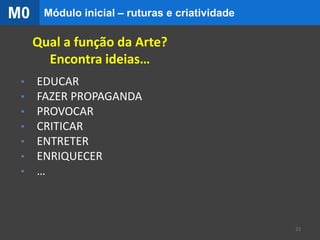 • EDUCAR
• FAZER PROPAGANDA
• PROVOCAR
• CRITICAR
• ENTRETER
• ENRIQUECER
• …
22
Qual a função da Arte?
Encontra ideias…
Módulo inicial – ruturas e criatividadeM0
 