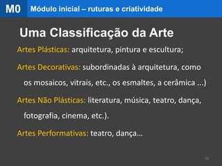 Uma Classificação da Arte
Artes Plásticas: arquitetura, pintura e escultura;
Artes Decorativas: subordinadas à arquitetura, como
os mosaicos, vitrais, etc., os esmaltes, a cerâmica ...)
Artes Não Plásticas: literatura, música, teatro, dança,
fotografia, cinema, etc.).
Artes Performativas: teatro, dança…
23
Módulo inicial – ruturas e criatividadeM0
 