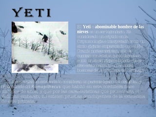 Yeti El  Yeti  o  abominable hombre de las nieves  es un ser legendario. Es considerado un críptido en la Criptozoología e interpretado como un simio gigante emparentado con el Pie Grande norteamericano, sólo se cuentan con relatos que lo describen como un simio gigante bípedo que se cree está localizado en las zonas boscosas de la cordillera del Himalaya .  Quienes avalan su existencia lo consideran un pariente lejano del orangután y descendiente del  Ramapithecus  que habitó en esta cordillera hace millones de años; y que por las características que presentaría el Yeti. Sin embargo, no existen pruebas concluyentes de la existencia de este primate.  