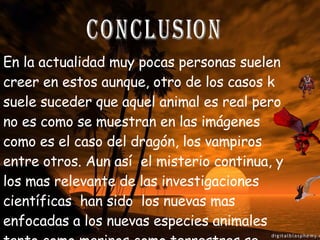 En la actualidad muy pocas personas suelen creer en estos aunque, otro de los casos k suele suceder que aquel animal es real pero no es como se muestran en las imágenes como es el caso del dragón, los vampiros entre otros. Aun así  el misterio continua, y los mas relevante de las investigaciones científicas  han sido  los nuevas mas enfocadas a los nuevas especies animales tanto como marinos como terrestres se dicen k conocemos el 15% de las especies animales k existen. tal vez en ese 85% podrían existir todas estas criaturas Conclusion 