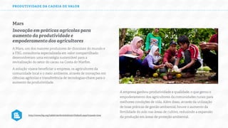 PRODUTIVIDADE DA CADEIA DE VALOR

Mars
Inovação em práticas agrícolas para
aumento da produtividade e
empoderamento dos agricultores
A Mars, um dos maiores produtores de chocolate do mundo e
a FSG, consultoria especializada em valor compartilhado
desenvolveram uma estratégia sustentável para a
revitalização do setor do cacau na Costa do Marﬁm.
A solução visava beneﬁciar a empresa, os agricultores da
comunidade local e o meio ambiente, através de inovações em
ciências agrícolas e transferência de tecnologias-chave para o
aumento da produtividade.

http://www.fsg.org/tabid/192/ArticleId/467/Default.aspx?srpush=true

A empresa ganhou produtividade e qualidade, o que gerou o
empoderamento dos agricultores da comunidades rurais para
melhores condições de vida. Além disso, através da utilização
de boas práticas de gestão ambiental, houve o aumento da
fertilidade do solo nas áreas de cultivo, reduzindo a expansão
da produção em áreas de proteção ambiental.

 