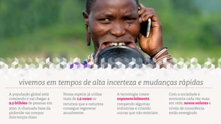 vivemos em tempos de alta incerteza e mudanças rápidas
A população global está
crescendo e vai chegar a
9,5 bilhões de pessoas em
2050. A chamada base da
pirâmide vai compor
dois-terços disso.

Nossa espécie já utiliza
mais de 1,5 vezes os
recursos que a natureza
consegue regenerar
anualmente.

A tecnologia cresce
exponencialmente,
rompendo algumas
indústrias e criando
outras que não existiam.

Com a sociedade e
economia cada vez mais
em rede, novos valores e
níveis de consciência
estão emergindo.

 