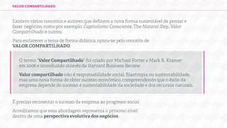 VALOR COMPARTILHADO

Existem vários conceitos e autores que deﬁnem a nova forma sustentável de pensar e
fazer negócios, como por exemplo: Capitalismo Consciente, The Natural Step, Valor
Compartilhado e outros.
Para esclarecer o tema de forma didática, optou-se pelo conceito de
VALOR COMPARTILHADO.
O termo “Valor Compartilhado” foi criado por Michael Porter e Mark R. Kramer
em 2006 e introduzido através da Harvard Business Review.
Valor compartilhado não é responsabilidade social, ﬁlantropia ou sustentabilidade,
mas uma nova forma de obter sucesso econômico, compreendendo que o êxito da
empresa depende do sucesso e sustentabilidade da sociedade e dos recursos naturais.
É preciso reconectar o sucesso da empresa ao progresso social.
Acreditamos que essa abordagem representa o próximo nível
dentro de uma perspectiva evolutiva dos negócios.

 