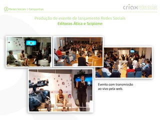 3 Redes Sociais | Campanhas


                    Produção de evento de lançamento Redes Sociais
                               Editoras Ática e Scipione




                                                    Evento com transmissão
                                                    ao vivo pela web.
 