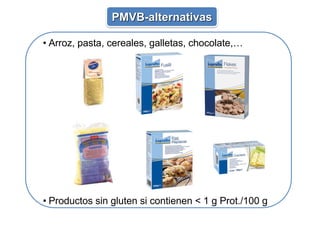 PMVB-alternativas
• Arroz, pasta, cereales, galletas, chocolate,…
• Productos sin gluten si contienen < 1 g Prot./100 g
 