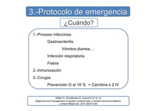3.-Protocolo de emergencia
1.-Evitar catabolismo (110 % energía)
….Maltodextrina/glucosa IV
2.-Reducir GA y 3-OH-GA
….No p...