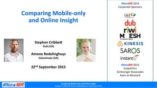 Comparing	
  Mobile-­‐only	
  and	
  Online	
  Insight	
  
Stephen	
  Cribbe,	
  &	
  Amone	
  Redelinghuys,	
  September	
  2015	
  
Comparing	
  Mobile-­‐only	
  
and	
  Online	
  Insight	
  
	
  
Stephen	
  Cribbe8	
  
Dub	
  (UK)	
  
	
  
Amone	
  Redelinghuys	
  
Columinate	
  (SA)	
  
	
  
22nd	
  September	
  2015	
  
#NewMR	
  2015	
  	
  
Corporate	
  Sponsors	
  
#NewMR	
  2015	
  	
  
Supporters	
  
Schlesinger	
  Associates	
  
Keen	
  as	
  Mustard	
  
 