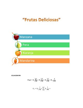 Manzana
Pera
Naranja
Mandarina

ECUACION PM
𝑿(𝒈) = 𝑿 𝒔

(𝒈)
(𝒇)
(𝒔)
𝟏
+ 𝑿𝒔
+ 𝑿𝒔
+ 𝑿𝒘
𝑷𝑴
𝑷𝑴
𝑷𝑴
𝑷𝑴

𝑋𝑤 = 𝑋𝑤

1
1
+ ∑ 𝑋𝑠
+
𝑃𝑀
𝑃𝑀

 