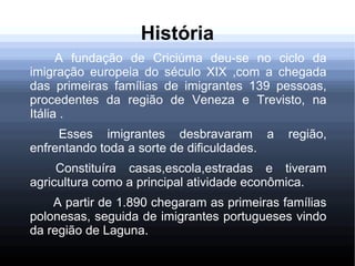 História
A fundação de Criciúma deu-se no ciclo da
imigração europeia do século XIX ,com a chegada
das primeiras famílias ...