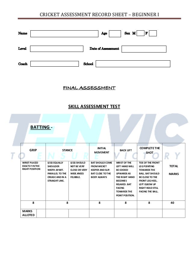 Cricket Assessment Sheet Batting Bowling Amp Fielding