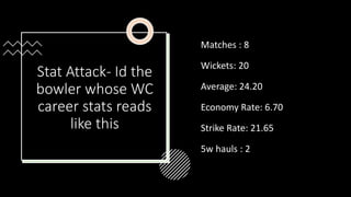 Stat Attack- Id the
bowler whose WC
career stats reads
like this
Matches : 8
Wickets: 20
Average: 24.20
Economy Rate: 6.70
Strike Rate: 21.65
5w hauls : 2
 