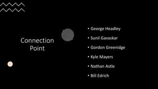 Connection
Point
• George Headley
• Sunil Gavaskar
• Gordon Greenidge
• Kyle Mayers
• Nathan Astle
• Bill Edrich
 