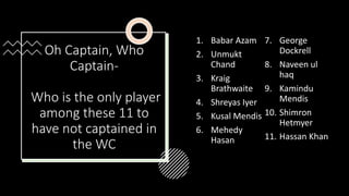 Oh Captain, Who
Captain-
Who is the only player
among these 11 to
have not captained in
the WC
1. Babar Azam
2. Unmukt
Chand
3. Kraig
Brathwaite
4. Shreyas Iyer
5. Kusal Mendis
6. Mehedy
Hasan
7. George
Dockrell
8. Naveen ul
haq
9. Kamindu
Mendis
10. Shimron
Hetmyer
11. Hassan Khan
 