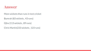 Answer
More wickets than runs in test cricket
Bumrah (83 wickets , 43 runs)
Ojha (113 wickets , 89 runs)
Chris Martin(233 wickets , 123 runs)
 