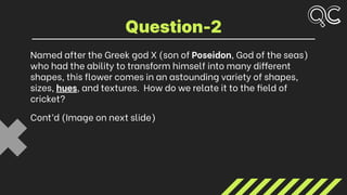 Named after the Greek god X (son of Poseidon, God of the seas)
who had the ability to transform himself into many different
shapes, this flower comes in an astounding variety of shapes,
sizes, hues, and textures. How do we relate it to the field of
cricket?
Cont’d (Image on next slide)
Question-2
 
