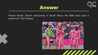 Protea ﬂower. Grown exclusively in South Africa, the RSA team also is
known as ‘The Proteas’.
Answer
 