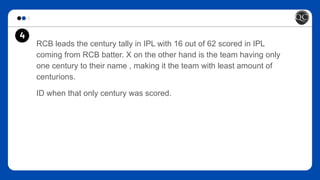 RCB leads the century tally in IPL with 16 out of 62 scored in IPL
coming from RCB batter. X on the other hand is the team having only
one century to their name , making it the team with least amount of
centurions.
ID when that only century was scored.
4
 