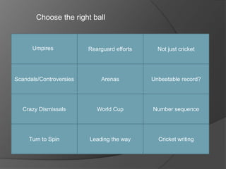 Choose the right ball
Scandals/Controversies
Cricket writingLeading the way
Arenas
Rearguard efforts
World CupCrazy Dismissals
Turn to Spin
Number sequence
Unbeatable record?
Not just cricketUmpires
 