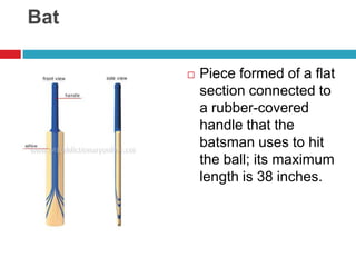 BatPiece formed of a flat section connected to a rubber-covered handle that the batsman uses to hit the ball; its maximum length is 38 inches.