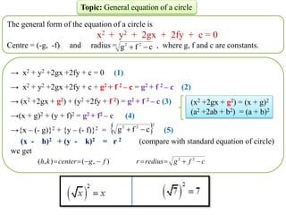 → x2 + y2 +2gx +2fy + c = 0 (1)
→ x2 + y2 +2gx +2fy + c + g2 + f 2 – c = g2 + f 2 – c (2)
→ (x2 +2gx + g2) + (y2 +2fy + f 2) = g2 + f 2 – c (3)
→(x + g)2 + (y + f)2 = g2 + f2 – c (4)
→{x – (- g)}2 + {y – (- f)}2 = (5)
(x - h)2 + (y - k)2 = r 2 (compare with standard equation of circle)
we get
 2
2
2
c
f
g 

Topic: General equation of a circle
The general form of the equation of a circle is
x2 + y2 + 2gx + 2fy + c = 0
Centre = (-g, -f) and radius = , where g, f and c are constants.
(x2 +2gx + g2) = (x + g)2
(a2 +2ab + b2) = (a + b)2
c
f
g 2
2


c
f
g
redius
r
f
g
center
k
h 






 2
2
)
,
(
)
,
(
 