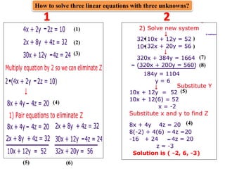 How to solve three linear equations with three unknowns?
(1)
(2)
(3)
(4)
(5) (6)
( )
( )
(7)
(8)
(4)
(5)
 