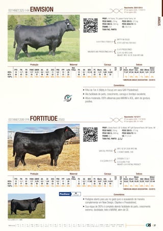 ANGUS
•	Filho de Ten X (Mytty In Focus) em vaca GAR Predestined;
•	Alia facilidade de parto, crescimento, carcaça e fenótipo excelente;
•	Altura moderada, DEPs altíssimas para MARM e AOL, além de gordura
positiva.
PROP.: 44 Farms, TX Lawson Family Farms, VA
PESO NASC.: 29 kg	 PESO 205 D.: 375 kg
PESO 365 D.: 582 kg 	 PESO ADULTO: NA
FRAME: 5,8 		 CE: 36,0 cm
TAXA FAC. PARTO:
A A R TEN X 7008 S A
MAURER’S MS PREDESTINED W10
MYTTY IN FOCUS
A A R LADY KELTON 5551
G A R PREDESTINED
G A R 1I2 RITO C446
BISAVÔ: RITO 1I2 OF 2536 RITO 6I6
001AN01325 | 44 ENVISION Nascimento: 28/01/2013
Nº de registro (USA): 17448751
Nº de registro (BR):
Comentários
Reb.
Filhas
CG
CP
UG
UP
$
Desm.
$Qual.
Carc.
$Valor
CarneFPD PN PD PANO GMDR Alt. CE DOC PNV FPF Leite PA AA $EN PC Marm. AOL G $Conf $GQ $Rend.
DEPs 14 -1,7 68 117 0,15 0,0 0,21 11 6,0 13 26 12 0,1 -12,14 49 1,21 0,85 0,040 71,87 67,54 48,44 45,43 3,01 127,07
AC% 38 43 33 35 37 46 46 32 21 15 22 36 26 22 35 28 32
TOP% 3% 4% 5% 4% 70% 90% 85% 50% 75% 10% 30% 75% 70% 65% 10% 1% 10% 1% 10% 4% 1% 60% 2%
Produção Maternal Carcaça Índices
*AMERICAN ANGUS ASSOCIATION - 03/2015
•	Pedigree aberto para uso no gado puro e acasalando de maneira
complementar em New Design, Objetive e Presdestined;
•	Sua régua de DEPs é completa aliando facilidade de parto, crescimento
extremo, docilidade, leite e MARM, além de CE.
PROP.: Slovek Ranch, SD Ty Malek, MT Split Diamond Ranch, MT Genex, WI
PESO NASC.: 36 kg	 PESO 205 D.: 373 kg
PESO 365 D.: 689 kg 	 PESO ADULTO: NA
FRAME: 6,2 		 CE: 41,0 cm
TAXA FAC. PARTO: √ √ √
GAR-EGL PROTEGE
G G CLARA 0171
RITO 1I2 OF 2536 RITO 6I6
L B 6807 ISABEL 339
SYDGEN C C & 7
G G CLARA 7192
BISAVÔ: G A R RETAIL PRODUCT
001AN01299 | PA FORTITUDE2500
Nascimento: 15/12/11
Nº de registro (USA): 17418539
Nº de registro (BR): IA-1499
Comentários
Reb.
Filhas
CG
CP
UG
UP
$
Desm.
$Qual.
Carc.
$Valor
CarneFPD PN PD PANO GMDR Alt. CE DOC PNV FPF Leite PA AA $EN PC Marm. AOL G $Conf $GQ $Rend.
DEPs 12 -1,1 61 117 0,29 0,5 1,44 29 8,3 11 26 3 0,3 -17,69 50 0,67 0,93 -0,031 16 55,62 75,48 43,95 33,28 10,67 127,49
AC% 63 77 66 55 46 64 66 53 19 19 24 32 32 35 45 39 40 57
TOP% 10% 10% 15% 4% 3% 45% 15% 3% 55% 25% 30% 85% 50% 80% 10% 20% 4% 5% 10% 4% 10% 20% 10% 2%
Produção Maternal Carcaça Índices
*AMERICAN ANGUS ASSOCIATION - 03/2015
95
73% Conf.
G G CLARA 0171, MÃE
| 37Média da raça
FPD PN PD PANO GMDR ALT CE DOC PNV FPF LEITE PA AA $EN PC MARM AOL G $DESM $CONF $QUAL CARC $VALOR CARNE
 +5  +1.7  +49  +86  +0.18  +0.5  +0.79  +11  +8.9  +9  +23  +27  +0.3  -5.40  +29  +0.45  +0.39  +0.011  +37.74  +35.54  +28.07  +80.81
 