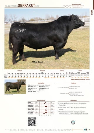 ANGUS
•	Filho de GAR Reatil Product em vaca Bon View New
Design 208;
•	Pai de touros, produz filhos de peso e crescimento
elevado;
•	Alia a tudo isso a excelente deposição de gordura
intramuscular e AOL, além de destaque para docilidade.
PROP.: Donati Angus, CA Tehama Angus, CA Genex, WI
PESO NASC.: 36 kg	 PESO 205 D.: 322 kg
PESO 365 D.: 697 kg 	 PESO ADULTO: 893 kg
FRAME: 5,0 		 CE: 41,0 cm
TAXA FAC. PARTO: √ √
G A R RETAIL PRODUCT
D R DOBRA 3453
G A R PRECISION 1680
G A R EXT 4927
D R DOBRA 3453, MÃE
BON VIEW NEW DESIGN 208
D R DOBRA 1223
BISAVÔ: RITO 6I6 OF 4B20 6807
001AN01155 | D R SIERRA CUT7404
Nascimento: 06/08/07
Nº de registro (USA): 16047469
Nº de registro (BR): IA-1413
Informações Pedigree
ComentáriosRecomendações
Reb.
Filhas
CG
CP
UG
UP
$
Desm.
$Qual.
Carc.
$Valor
CarneFPD PN PD PANO GMDR Alt. CE DOC PNV FPF Leite PA AA $EN PC Marm. AOL G $Conf $GQ $Rend.
DEPs 2 1,7 65 122 0,25 0,4 0,11 25 10,4 9 24 11 -50 0,2 16,20 26 0,94 0,63 -0,022 6 172 86,29 77,94 50,58 40,11 10,47 101,29
AC% 79 92 88 84 49 89 87 76 52 53 62 129 72 76 55 62 60 58 19 656
TOP% 70% 50% 10% 3% 10% 60% 90% 10% 40% 45% 40% 100% 60% 10% 60% 5% 25% 10% 1% 3% 2% 5% 10% 25%
Produção Maternal Carcaça Índices
*AMERICAN ANGUS ASSOCIATION - 03/2015
Estatura Baixo Alto
Prof. corporal Raso Profundo
Larg. corporal Estreita Larga
Feminilidade Musculosa Angulosa
Expre. muscular Fraca Forte
Pernas v. lateral Retas Curvas
Ângulo de casco Raso Fincado
Est. de úbere Fraco Forte
Tam. de teto Pequenos Grandes
-3 -1-2 0 1 2 3
| 39Média da raça
FPD PN PD PANO GMDR ALT CE DOC PNV FPF LEITE PA AA $EN PC MARM AOL G $DESM $CONF $QUAL CARC $VALOR CARNE
 +5  +1.7  +49  +86  +0.18  +0.5  +0.79  +11  +8.9  +9  +23  +27  +0.3  -5.40  +29  +0.45  +0.39  +0.011  +37.74  +35.54  +28.07  +80.81
 