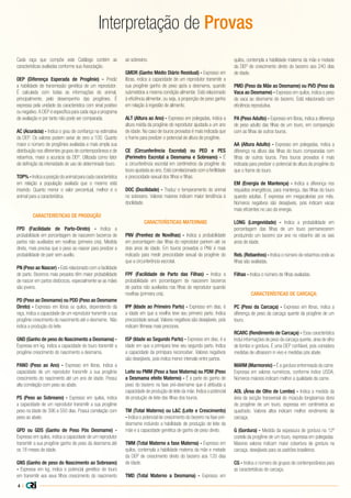 Cada raça que compõe este Catálogo contém as
características avaliadas conforme sua Associação.
DEP (Diferença Esperada de Progênie) - Prediz
a habilidade de transmissão genética de um reprodutor.
É calculada com todas as informações do animal,
principalmente, pelo desempenho das progênies. É
expressa pela unidade da característica com sinal positivo
ou negativo. A DEP é específica para cada raça e programa
de avaliação e por tanto não pode ser comparada.
AC (Acurácia) - Indica o grau de confiança na estimativa
da DEP. Os valores podem variar de zero a 100. Quanto
maior o número de progênies avaliadas e mais ampla sua
distribuição nos diferentes grupos de contemporâneos e de
rebanhos, maior a acurácia da DEP. Utilizada como fator
de definição da intensidade de uso de determinado touro.
TOP% - Indica a posição do animal para cada característica
em relação a população avaliada que o mesmo está
inserido. Quanto menor o valor percentual, melhor é o
animal para a característica.
CARACTERÍSTICAS DE PRODUÇÃO
FPD (Facilidade de Parto-Direto) - Indica a
probabilidade em porcentagem de nascerem bezerros de
partos não auxiliados em novilhas (primeira cria). Medida
direta, mais precisa que o peso ao nascer para predizer a
probabilidade de parir sem auxílio.
PN (Peso ao Nascer) - Está relacionado com a facilidade
de parto. Bezerros mais pesados têm maior probabilidade
de nascer em partos distócicos, especialmente se as mães
são jovens.
PD (Peso ao Desmame) ou PDD (Peso ao Desmame
Direto) - Expresso em libras ou quilos, dependendo da
raça, indica a capacidade de um reprodutor transmitir a sua
progênie crescimento do nascimento até o desmame. Não
indica a produção do leite.
GND (Ganho de peso do Nascimento a Desmama) -
Expressa em kg, indica a capacidade do touro transmitir a
progênie crescimento do nascimento a desmama.
PANO (Peso ao Ano) - Expresso em libras, indica a
capacidade de um reprodutor transmitir a sua progênie
crescimento do nascimento até um ano de idade. Possui
alta correlação com peso ao abate.
PS (Peso ao Sobreano) - Expresso em quilos, indica
a capacidade de um reprodutor transmitir a sua progênie
peso na idade de 396 a 550 dias. Possui correlação com
peso ao abate.
GPD ou GDS (Ganho de Peso Pós Desmame) -
Expresso em quilos, indica a capacidade de um reprodutor
transmitir a sua progênie ganho de peso da desmama até
os 18 meses de idade.
GNS (Ganho de peso do Nascimento ao Sobreano)
- Expressa em kg, indica o potencial genético do touro
em transmitir aos seus filhos crescimento do nascimento
ao sobreano.
GMDR (Ganho Médio Diário Residual) - Expresso em
libras, indica a capacidade de um reprodutor transmitir a
sua progênie ganho de peso após a desmama, quando
submetidos a mesma condição alimentar. Está relacionado
à eficiência alimentar, ou seja, a proporção de peso ganho
em relação à ingestão de alimento.
ALT (Altura ao Ano) - Expresso em polegadas, indica a
altura média da progênie do reprodutor ajustada a um ano
de idade. No caso de touros provados é mais indicada que
o frame para predizer o potencial de altura de progênie.
CE (Circunferência Escrotal) ou PED e PES
(Perímetro Escrotal a Desmama e Sobreano) - É
a circunferência escrotal em centímetros da progênie do
touro ajustada ao ano. Está correlacionado com a fertilidade
e precocidade sexual dos filhos e filhas.
DOC (Docilidade) - Traduz o temperamento do animal
no sobreano. Valores maiores indicam maior tendência à
docilidade.
CARACTERÍSTICAS MATERNAIS
PNV (Prenhez de Novilhas) - Indica a probabilidade
em porcentagem das filhas do reprodutor parirem até os
dois anos de idade. Em touros provados o PNV é mais
indicado para medir precocidade sexual da progênie do
que a circunferência escrotal.
FPF (Facilidade de Parto das Filhas) - Indica a
probabilidade em porcentagem de nascerem bezerros
de partos não auxiliados nas filhas do reprodutor quando
novilhas (primeira cria).
IPP (Idade ao Primeiro Parto) - Expresso em dias, é
a idade em que a novilha teve seu primeiro parto. Indica
precocidade sexual. Valores negativos são desejáveis, pois
indicam fêmeas mais precoces.
ISP (Idade ao Segundo Parto) - Expresso em dias, é a
idade em que a primípara teve seu segundo parto. Indica
a capacidade da primípara reconceber. Valores negativos
são desejáveis, pois indica menor intervalo entre partos.
Leite ou PMM (Peso a fase Materna) ou PDM (Peso
a Desmama efeito Materno) - É a parte do ganho de
peso do bezerro na fase pré-desmame que é atribuída a
capacidade de produção de leite da mãe. Indica o potencial
de produção de leite das filhas dos touros.
TM (Total Materno) ou L&C (Leite e Crescimento)
- Indica o potencial de crescimento do bezerro na fase pré-
desmame incluindo a habilidade de produção de leite da
mãe e a capacidade genética de ganho de peso direto.
TMM (Total Materno a fase Materna) - Expresso em
quilos, contempla a habilidade materna da mãe e metade
da DEP de crescimento direto do bezerro aos 120 dias
de idade.
TMD (Total Materno a Desmama) - Expresso em
quilos, contempla a habilidade materna da mãe e metade
da DEP de crescimento direto do bezerro aos 240 dias
de idade.
PMD (Peso da Mãe ao Desmame) ou PVD (Peso da
Vaca ao Desmame) - Expresso em quilos, indica o peso
da vaca ao desmame do bezerro. Está relacionado com
eficiência reprodutiva.
PA (Peso Adulto) - Expresso em libras, indica a diferença
de peso adulto das filhas de um touro, em comparação
com as filhas de outros touros.
AA (Altura Adulto) - Expresso em polegadas, indica a
diferença na altura das filhas do touro comparadas com
filhas de outros touros. Para touros provados é mais
indicada para predizer o potencial de altura da progênie do
que o frame do touro.
EM (Energia de Mantença) - Indica a diferença nos
requisitos energéticos, para mantença, das filhas do touro
quando adultas. É expressa em megacalorias por mês.
Números negativos são desejáveis, pois indicam vacas
mais eficientes no uso da energia.
LONG (Longevidade) - Indica a probabilidade em
porcentagem das filhas de um touro permanecerem
produzindo um bezerro por ano no rebanho até os seis
anos de idade.
Reb. (Rebanhos) - Indica o número de rebanhos onde as
filhas são avaliadas.
Filhas - Indica o número de filhas avaliadas.
CARACTERÍSTICAS DE CARCAÇA:
PC (Peso da Carcaça) - Expresso em libras, indica a
diferença de peso da carcaça quente da progênie de um
touro.
RCARC (Rendimento de Carcaça) - Essa característica
inclui informações de peso da carcaça quente, área de olho
de lombo e gordura. É uma DEP confiável, pois considera
medidas de ultrassom in vivo e medidas pós abate.
MARM (Marmoreio) - É a gordura entremeada da carne.
Expressa em valores numéricos, conforme índice USDA.
Números maiores indicam melhor a qualidade da carne.
AOL (Área de Olho de Lombo) - Indica a medida da
área da secção transversal do músculo longíssimos dorsi
da progênie de um touro, expressa em centímetros ao
quadrado. Valores altos indicam melhor rendimento de
carcaça.
G (Gordura) - Medida da espessura de gordura na 12ª
costela da progênie de um touro, expressa em polegadas.
Maiores valores indicam maior cobertura de gordura na
carcaça, desejáveis para os padrões brasileiros.
CG - Indica o número de grupos de contemporâneos para
as características de carcaça.
Interpretação de Provas
4 |
 