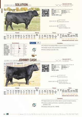 ANGUS
•	Combina em seu pedigree Mytty In Focus em vaca KG Onward 6221;
•	Facilidade de parto, alto crescimento e precocidade;
•	Ainda é destaque para leite e AOL.
PROP.: Richard Angus Ranch, ND KG Ranch, MT Genex, WI
PESO NASC.: 27 kg	 PESO 205 D.: 319 kg
PESO 365 D.: 520 kg 	 PESO ADULTO: 934 kg
FRAME: 5,2 		 CE: 44,0 cm
TAXA FAC. PARTO: √ √ √
MOGCK SURE SHOT
KG RITO LADY 8724
MYTTY IN FOCUS
MOGCK BLACK LASS 2065
KG ONWARD 6221
KG RITO LADY 8187
BISAVÔ: R R FERDINAND 758D
001AN01249 | KG SOLUTION0018
Nascimento: 25/01/2010
Nº de registro (USA): 16796888
Nº de registro (BR): IA-1539
ComentáriosRecomendações
Reb.
Filhas
CG
CP
UG
UP
$
Desm.
$Qual.
Carc.
$Valor
CarneFPD PN PD PANO GMDR Alt. CE DOC PNV FPF Leite PA AA $EN PC Marm. AOL G $Conf $GQ $Rend.
DEPs 13 -1,7 69 125 0,26 0,4 1,46 14 12,6 12 29 30 0,3 -28,57 57 0,45 0,82 -0,022 34 63,39 79,98 33,44 25,83 7,61 121,22
AC% 74 85 78 72 37 66 74 44 14 15 23 38 20 32 45 38 38 154
TOP% 4% 4% 4% 2% 10% 60% 15% 40% 25% 15% 15% 50% 50% 95% 4% 50% 10% 10% 3% 3% 55% 50% 25% 4%
Produção Maternal Carcaça Índices
*AMERICAN ANGUS ASSOCIATION - 03/2015
Estatura Baixo Alto
Prof. corporal Raso Profundo
Larg. corporal Estreita Larga
Feminilidade Musculosa Angulosa
Expre. muscular Fraca Forte
Pernas v. lateral Retas Curvas
Ângulo de casco Raso Fincado
Est. de úbere Fraco Forte
Tam. de teto Pequenos Grandes
-3 -1-2 0 1 2 3
95
84% Conf.
•	Pedigree aberto que traz na linha materna o pai de Connealy Consensus;
•	Combina excelente performance, crescimento, gordura positiva,
docilidade e leite;
•	Destaque ainda para AOL e MARM.
PROP.: Express Ranches, OK High Point Genetics, IA Genex, WI
PESO NASC.: 35 kg	 PESO 205 D.: 350 kg
PESO 365 D.: 634 kg 	 PESO ADULTO: NA
FRAME: NA 		 CE: 41,0 cm
TAXA FAC. PARTO:
BARSTOW CASH
VIN-MAR ELOISE 0159
SITZ DASH 10277
BARSTOW QUEEN W16
KMK ALLIANCE 6595 I87
VIN-MAR ELOISE 5343
BISAVÔ: WK NEW DESIGN 1049
001AN01332 | VIN-MAR JOHNNY CASH3513
Nascimento: 30/01/13
Nº de registro (USA): 17608412
Nº de registro (BR):
Comentários
Reb.
Filhas
CG
CP
UG
UP
$
Desm.
$Qual.
Carc.
$Valor
CarneFPD PN PD PANO GMDR Alt. CE DOC PNV FPF Leite PA AA $EN PC Marm. AOL G $Conf $GQ $Rend.
DEPs 8 1,5 67 129 0,28 0,8 1,13 11 17,9 10 22 38 0,2 -16,97 58 0,30 0,59 0,063 52,01 94,05 13,98 19,71 -5,73 108,86
AC% 44 43 33 36 31 35 37 30 16 9 16 28 15 16 30 24 28
TOP% 25% 45% 5% 1% 5% 15% 30% 50% 4% 35% 55% 35% 60% 80% 3% 70% 25% 15% 1% 90% 70% 100% 15%
Produção Maternal Carcaça Índices
*AMERICAN ANGUS ASSOCIATION - 03/2015
48 | Média da raça
FPD PN PD PANO GMDR ALT CE DOC PNV FPF LEITE PA AA $EN PC MARM AOL G $DESM $CONF $QUAL CARC $VALOR CARNE
 +5  +1.7  +49  +86  +0.18  +0.5  +0.79  +11  +8.9  +9  +23  +27  +0.3  -5.40  +29  +0.45  +0.39  +0.011  +37.74  +35.54  +28.07  +80.81
 