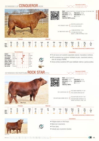 | 53
REDANGUS
Média da raça
FPD PN PD PANO FPF LEITE EM PNV LONG MARM RCARC PC AOL G
+5 -1,5 +57 +89 +5 +20 +1 +10 +10 +0,48 +0,03 +21 +0,12 0,00
ROCK STAR
•	Pai de touros com excelente capacidade corporal, musculatura e estrutura;
•	DEPs excelentes que combinam facilidade de parto, crescimento extremo,
peso de carcaça e MARM;
•	Ainda combina excelentes DEPs para habilidade materna e gordura positiva.
PROP.: Ludvigson Stock Farms, IA Rhodes Red Angus, KS Chile Beef, Chile
PESO NASC.: 29 kg	 PESO 205 D.: 339 kg
PESO 365 D.: 592 kg 	 PESO ADULTO: 920 kg
FRAME: 5,6 		 CE: 37.0 cm
TAXA FAC. PARTO: √ √ √ √
HXC CONQUEST 4405P
LSF DINA R5000 U8039
BECKTON JULIAN GG B571
HXC ELLIE MAY MA638
LCHMN ENTERPRISE 1370H
LSF DINA N3044 R5000
BISAVÔ: LCHMN ENTERPRISE 1370H
001AR00936 | LSF CONQUEROR0026X
Nascimento: 01/06/10
Nº de registro (USA): 1368793
Nº de registro (BR): IA-1502
ComentáriosRecomendações
Estatura Baixo Alto
Prof. corporal Raso Profundo
Larg. corporal Estreita Larga
Feminilidade Musculosa Angulosa
Expre. muscular Fraca Forte
Pernas v. lateral Retas Curvas
Ângulo de casco Raso Fincado
Est. de úbere Fraco Forte
Tam. de teto Pequenos Grandes
-3 -1-2 0 1 2 3
EM GFPD PN PD PANO FPF Leite PNV Long. Marm RCarc PC AOL
DEPs 13 -5,2 64 118 4 31 5 2 9 0,76 0,44 33 -0,25 0,09
AC% 58 81 74 74 53 48 61 27 42 63 49 55 60 59
TOP% 10% 10% 35% 15% 55% 10% 70% 100% 60% 10% 100% 20% 95%
*RED ANGUS ASSOCIATION OF AMERICA 03/2015
•	Pedigree aberto no Red Angus;
•	Muito bom crescimento;
•	Frame baixo;
•	Indicado para cruzamento industrial.
PROP.: Solution Genetics, IA
PESO NASC.: 38 kg	 PESO 205 D.: 359 kg
PESO 365 D.: 645 kg 	 PESO ADULTO: 975 kg
FRAME: 5,0 		 CE: 37.0 cm
TAXA FAC. PARTO:
RED LAURON SAGA 33S
RED NORTHLINE ROBBIE ROXY 91
RED CINDER SMARTIN’ UP 132P
RED LAURON HZNN SUIJI 42K
RED NORTHLINE ROB ROY 122K
RED NORTHLINE DUCHESS 911D
BISAVÔ: RED BAR EL SYBIL 122E
001AR00939 | RED NORTHLINE ROCK STAR911U
Nascimento: 04/06/08
Nº de registro (USA): 1267725
Nº de registro (BR): IA-1358
Comentários
EM GFPD PN PD PANO FPF Leite PNV Long. Marm RCarc PC AOL
DEPs 0 1,6 80 130 3 14 -16 9 5 0,38 0,10 49 0,23 0,00
AC% 66 75 71 69 65 61 11 23 27 53 19 34
TOP% 80% 90% 10% 5% 65% 80% 1% 55% 95% 70% 80% 3% 30%
Produção Maternal Carcaça
Produção Maternal Carcaça
*RED ANGUS ASSOCIATION OF AMERICA 03/2015
 