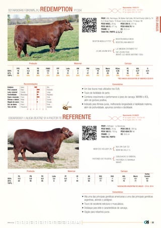 | 55
REDANGUS
Média da raça
FPD PN PD PANO FPF LEITE EM PNV LONG MARM RCARC PC AOL G
+5 -1,5 +57 +89 +5 +20 +1 +10 +10 +0,48 +0,03 +21 +0,12 0,00
•	Um dos touros mais utilizados nos EUA;
•	Touro de facilidade de parto;
•	Combina crescimento e performance a peso de carcaça, MARM e AOL,
além de gordura positiva;
•	Indicado para fêmeas puras, melhorando longevidade e habilidade materna,
além de profundidade, aprumos corretos e docilidade.
PROP.: B&L Red Angus, OK Walker-Hall Cattle, OK Ferrill Family Cattle Co, TX
R.A. Brown Ranch, TX Brown Family Genetics, TX Genex, WI
PESO NASC.: 28 kg	 PESO 205 D.: 251 kg
PESO 365 D.: 471 kg 	 PESO ADULTO: NA
FRAME: NA 		 CE: 40.0 cm
TAXA FAC. PARTO: √ √ √ √
BECKTON NEBULA P P707
JYJ MS JOLENE W16
BECKTON NEBULA M045
BECKTON LANA M809 EP
LJC MISSION STATEMENT P27
HXC JOLENE R548
BISAVÔ: LCC ABOVE &BEYOND 1300J
001AR00946 | BROWN JYJ REDEMPTION Y1334
Nascimento: 14/01/11
Nº de registro (USA): 1441805
Nº de registro (BR): IA-1420
ComentáriosRecomendações
Estatura Baixo Alto
Prof. corporal Raso Profundo
Larg. corporal Estreita Larga
Feminilidade Musculosa Angulosa
Expre. muscular Fraca Forte
Pernas v. lateral Retas Curvas
Ângulo de casco Raso Fincado
Est. de úbere Fraco Forte
Tam. de teto Pequenos Grandes
-3 -1-2 0 1 2 3
EM GFPD PN PD PANO FPF Leite PNV Long. Marm RCarc PC AOL
DEPs 18 -5,5 66 122 5 19 2 11 18 0,62 0,08 36 0,27 0,01
AC% 58 88 83 71 39 31 4 27 42 40 36 55 34 44
TOP% 2% 10% 30% 10% 50% 55% 55% 40% 1% 25% 70% 15% 25%
*RED ANGUS ASSOCIATION OF AMERICA 03/2015
•	Alia uma das principais genéticas americanas a uma das principais genéticas
argentinas, abrindo o pedigree;
•	Touro de excelente estrutura e musculatura;
•	Destaque para leite e características de carcaça;
•	Opção para rebanhos puros.
PROP.: Delfinagro - La Barrancosa
PESO NASC.: 35 kg	 PESO 205 D.: 384 kg
PESO 365 D.: 736 kg 	 PESO ADULTO: NA
FRAME: 4,6 		 CE: 39.6 cm
TAXA FAC. PARTO:
WEBR DOC HOLLIDAY 2N
PASTORIZA 567 FELICITAS
MLK CRK CUB 722
WEBR MS DOLLY 1L
DOBLEHACHE 33 ORIENTAL
PASTORIZA 312 NARANJA
BISAVÔ:
000AR00001 | ALICIA BEATRIZ 914 PASTOR TE REFERENTE Nascimento: 01/09/07
Nº de registro (ARG): 764758 941
Nº de registro (BR): IA-1399
Comentários
EGC
Cortes
PG PN PD Leite PF CE Alt EGG AOL Marm Comest
DEPs -0,5 0,9 6,9 2,0 9,5 1 2,8 -0,7 -1 -1,5 -0,1 6,0
AC% 84 95 95 6 87 94 95 71 74 70 71 70
TOP%
Produção Maternal Carcaça
*ASOCIACIÓN ARGENTINA DE ANGUS - E.R.A. 2014
Produção Maternal Carcaça
 
