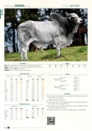 14 |
NELORE
PROP.: FAZENDA MUNDO NOVO / COND. AGROPEC. IRMÃOS PENTEADO CARDOSO LTDA
CRIADOR: FAZENDA MUNDO NOVO / COND. AGROPEC. IRMÃOS PENTEADO CARDOSO LTDA
CÓDIGO: 000NE00584 | PESO: 962 kg em coleta
LINHAGEM: C8398 DA MN (Banguê) x MANH 02 DA MN (Rambo)
000NE00584 | CORONEL DA MN
Nascimento: 08/10/06
Série: LBMN | RGD: D1564
Informações Medidas
CC AA PT CG LG AP CE
175 145 226 54 57 160 44
Pedigree
Comentários
C8398 DA MN
LBMN C8398
C8981 DA MN
LBMN C8981
B4853 DA MN
I3888
MANH 02 DA MN
MANH 2
C1480 DA MN
MANA C1480
B8504 DA MN
MANA B8504
ILUSTRE DE SI
A1899
RAMBO DA MN
I1111
B1484 DA MN
G6123
B4862 DA MN
I3892
A5012 DA MN
CM8790
B5195 DA MN
DR7710
2144 DA MN
CB9889
B5712 DA MN
DR7806
•	 Touro provado, um dos líderes de venda na bateria PO da CRI, traz Banguê em sua
linha alta e Rambo na linha baixa.
•	 Destaque na avaliação intrarrebanho.
•	 Touro completo em suas DEPs, alia baixo peso ao nascer à altíssima velocidade de
ganho de peso, além de precocidade sexual.
•	 Muito indicado para a produção de fêmeas pela excelente habilidade materna,
produtividade e longevidade das vacas.
•	 Indicado para rebanhos PO e comerciais, nascendo pequeno e bem pigmentado.
ANCP AGOSTO 2015
DEP AC% TOP%
IPP -0,35 35 45
PG 1,24 60 90
PAC 6,01 33 5
STAY 64,00 27 1
3P 49,60 15 45
MP120 2,75 33 6
MP210 5,28 31 1
PN -0,09 72 9
P120 3,45 72 25
P210 9,27 72 4
P365 14,44 72 5
P450 16,94 67 3
DEP AC% TOP%
PE365 1,13 61 0,5
PE450 1,31 45 1
AOL 2,06 28 3
ACAB 0,05 29 19
MAR -0,06 3 100
ED 39,46 44 80
PD 47,08 42 60
MD 43,23 44 70
ES 45,86 40 60
PS 59,27 34 30
MS 65,69 34 18
MGT 15,88 53 2
NF120: 168 NR120: 3 NF450: 58 NR450: 1
PMGZ AGOSTO 2015
REBANHOS: 4 FILHOS: 64
DEP AC% TOP%
PD-ED 2,94 59 25
PS-ED 6,71 54 6
GPD 31,97 51 1
PM-EM 2,60 7 3
TMD 5,54 33 4
IPP -2,55 24 29
DEP AC% TOP%
PES 1,77 69 0,1
E 1,28 63 15
P 0,14 63 43
M 2,13 63 7
iABCZ 23,05 1
 
