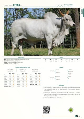 | 37
NELORE
PROP.: RODRIGO CASTRO/ RENAN TORTORELA/ ANDRÉ CERQUEIRA
CRIADOR: AGROPECUÁRIA JACAREZINHO
CÓDIGO: 000NE00605 | PESO: 915 kg em coleta
LINHAGEM: KATULE AJ x PACIFICO AJ
000NE00605 | FERRO AJ
Nascimento: 14/09/06
Série: | RGD: 905406AJ
Informações Medidas
CC AA PT CG LG AP CE
174 158 236 58 58 161 41
Pedigree
Comentários
KATULE AJ
904803 AJ
KULAL AJ
PACIFICO AJ
589300 AJ
549000 AJ
CFM VISÃO
CFM TIETÊ
PC249877
UIRU DA SORAIA
248187JC
•	 Touro provado em 7 rebanhos no sumário Aliança, deca 1 para índice desmama e final.
•	 Filho de Katulé AJ (Kulal AJ) em vaca Pacífico AJ (Tietê), combina carcaça e
precocidade sexual.
•	 Destaque para desempenho pré-desmama e para CPM ao desmame e sobreano,
imprimindo muita musculatura e precocidade a seus filhos. Excelente produtor de
fêmeas provado por seu RMAT.
•	 É um touro CEIP destaque da bateria CRI.
SUMÁRIO ALIANÇA NELORE 2015
REB DESM: 7 NF DESM: 213 AC DESM: 0,95
REB SOBR: 7 NF SOBR: 201 AC SOBR: 0,95
DEP DECA
PN 0,00 5
D160 9,27 1
GND 4,65 1
CDESM 0,29 1
PDESM 0,50 1
MDESM 0,38 1
UDESM 0,20 10
INDICED 24,64 1
DEP DECA
D240 17,58 3
GDS 1,63 3
D400 26,84 2
GNS 6,28 2
CSOBR 0,20 1
PSOBR 0,45 1
MSOBR 0,31 1
USOBR 0,22 10
DEP DECA
PE-I 0,02 5
PE-IP -0,18 8
TEMP -0,06 4
ALT 0,59 2
HMAT -5,24 10
RMAT 17,47 1
INDICEF 16,66 1
 